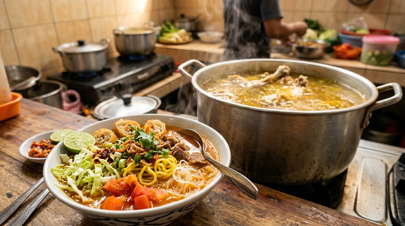 Kuah kaldu soto mie bogor merah gurih menggunakan ekstrak tulang rongkong ayam segar pengganti sapi dari supplier Tricik Cengkareng