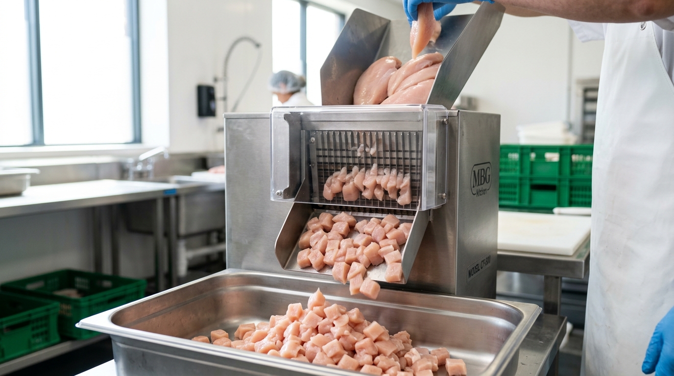 Efisiensi kelancaran mesin pemotong dadu otomatis automated dicer Dapur MBG tanpa kemacetan pisau berkat fillet ayam segar lentur Tricik
