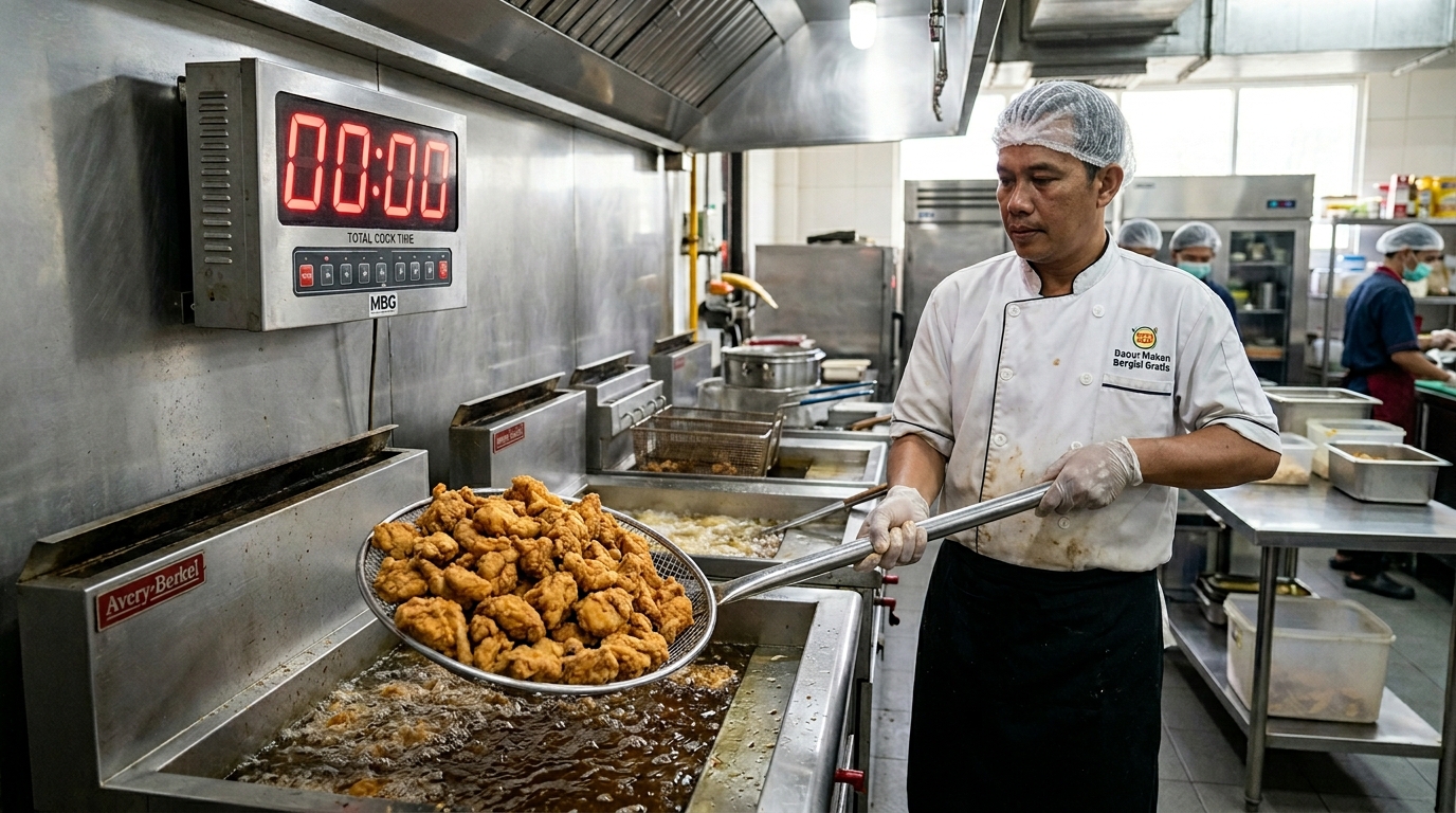 Akurasi kalibrasi waktu timer penggorengan massal di Dapur MBG menggunakan karkas ayam segar presisi dari Tricik Cengkareng