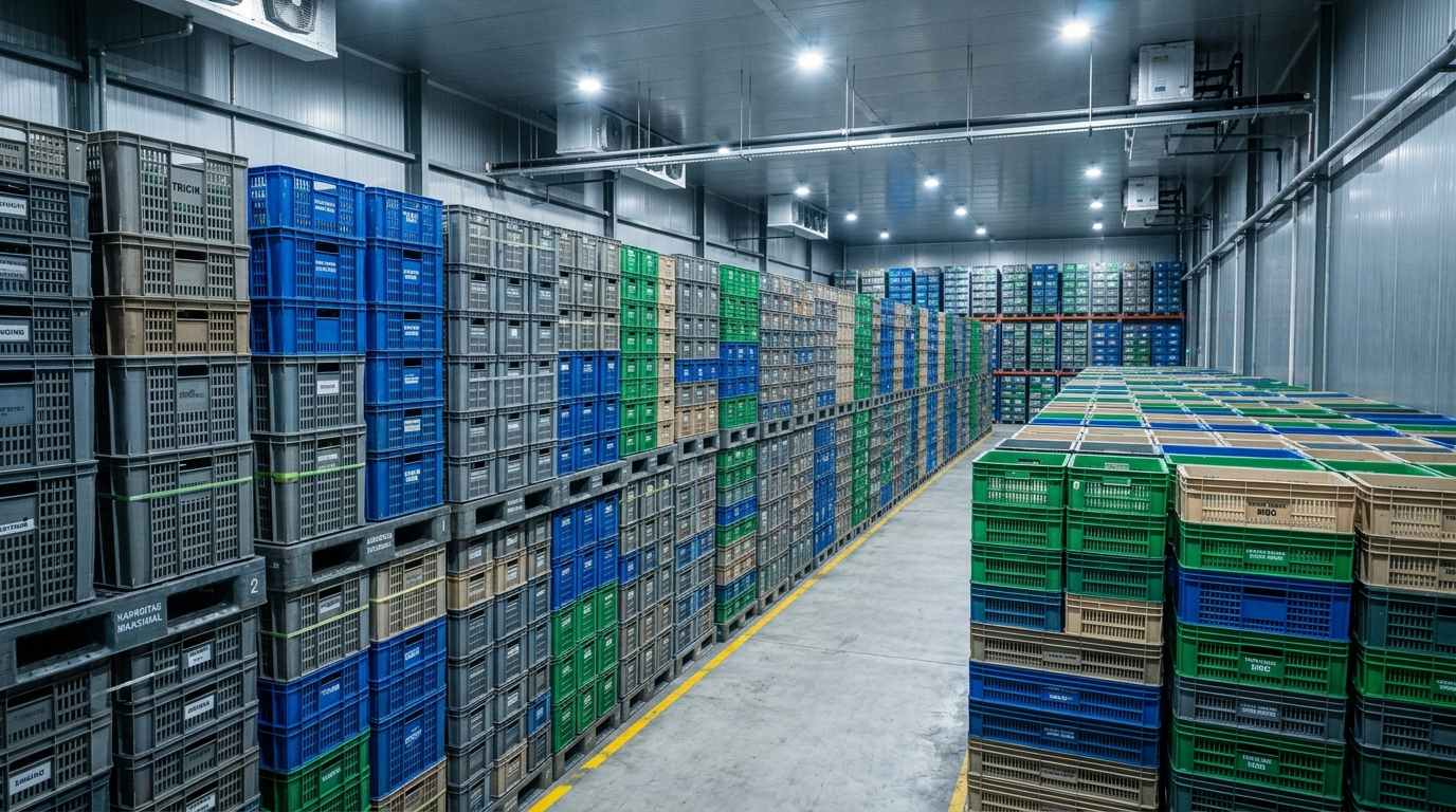 Maksimalisasi kapasitas ruang kubikasi walk-in chiller transit Dapur MBG dengan menggunakan keranjang crate susun presisi B2B dari Tricik Cengkareng