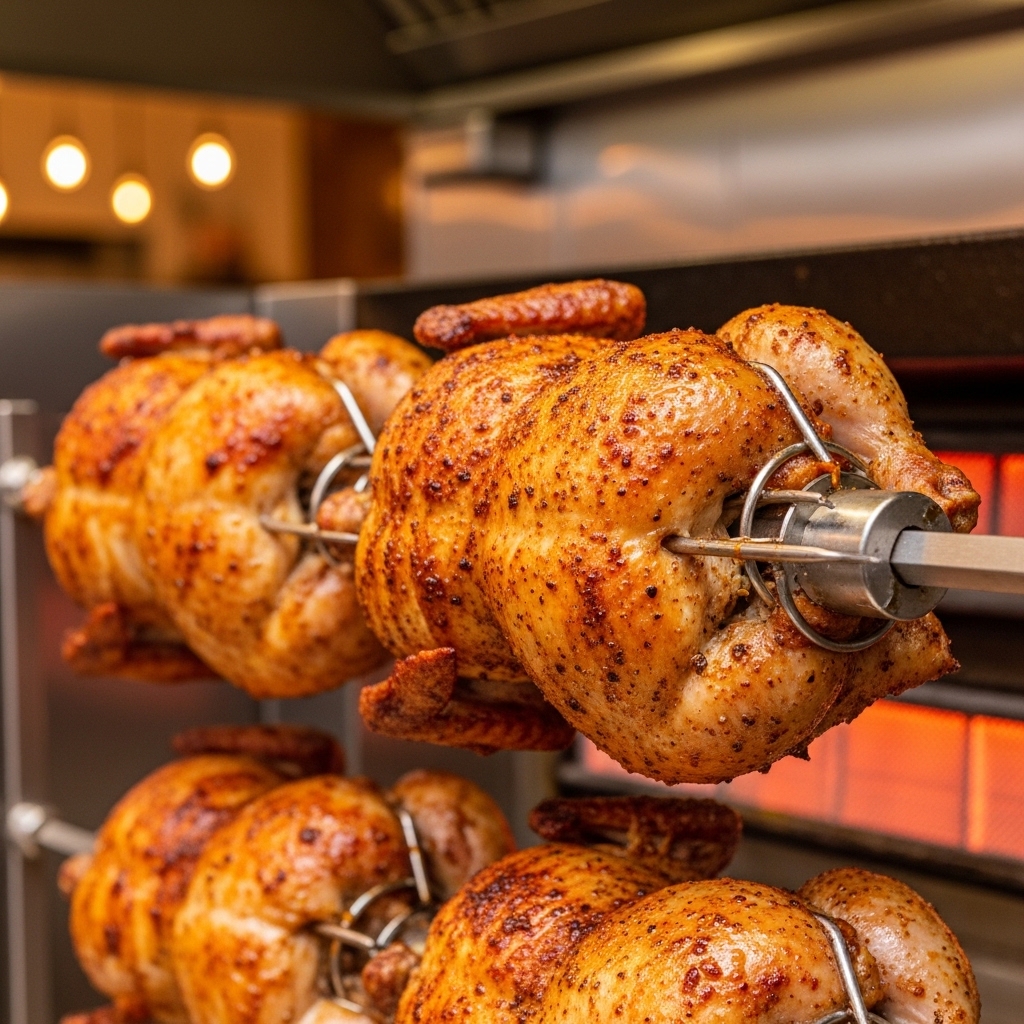 Karkas ayam utuh ukuran 0.8 kg dari supplier Tricik dipanggang merata di mesin rotisserie untuk menu ayam guling.
