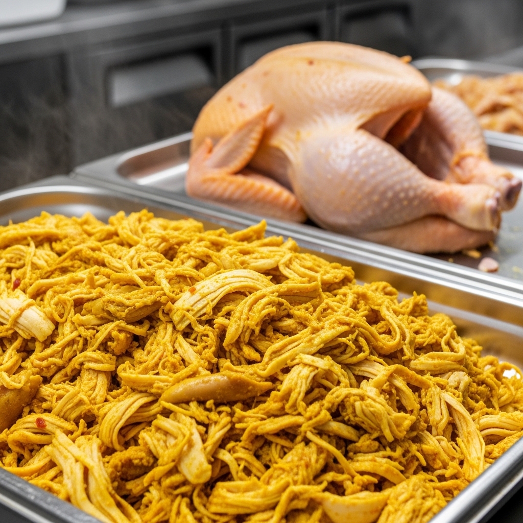 Karkas ayam jumbo 1.5 kg dari distributor Tricik menghasilkan rendemen daging suwir yang melimpah untuk katering hajatan.
