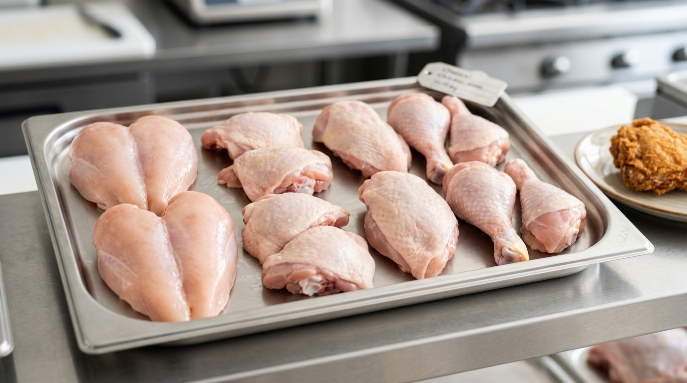 Potongan presisi karkas ayam segar parting 10 dari Tricik Cengkareng untuk menjaga akurasi HPP fried chicken kaki lima