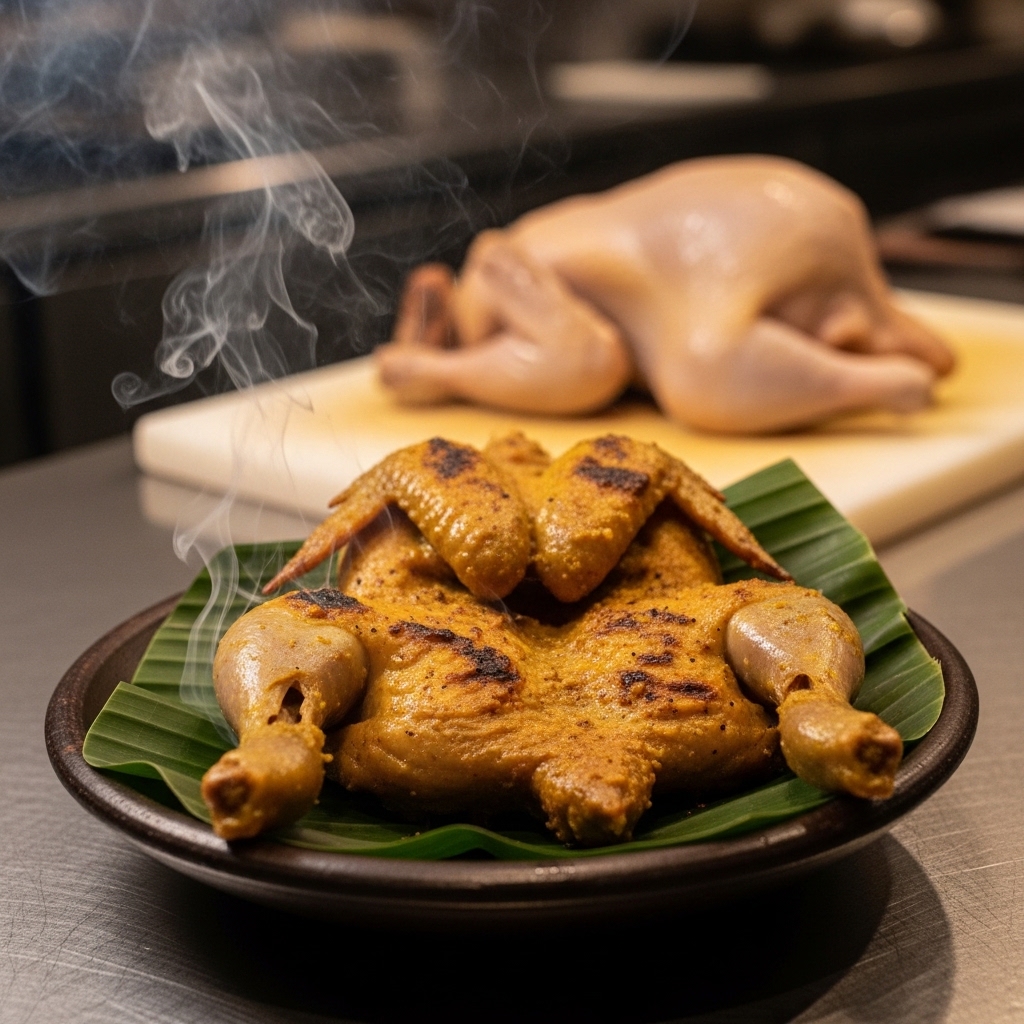 Karkas ayam segar utuh dengan kulit elastis anti sobek dari distributor Tricik Cengkareng untuk hidangan Ayam Betutu Bali di restoran B2B