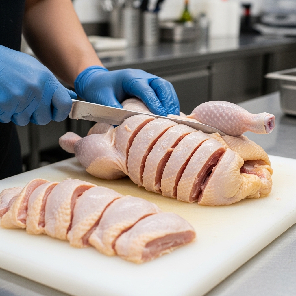 Teknik efisien memotong karkas ayam segar 1.2kg menjadi 12 bagian presisi untuk menu katering pabrik dari distributor Tricik Cengkareng