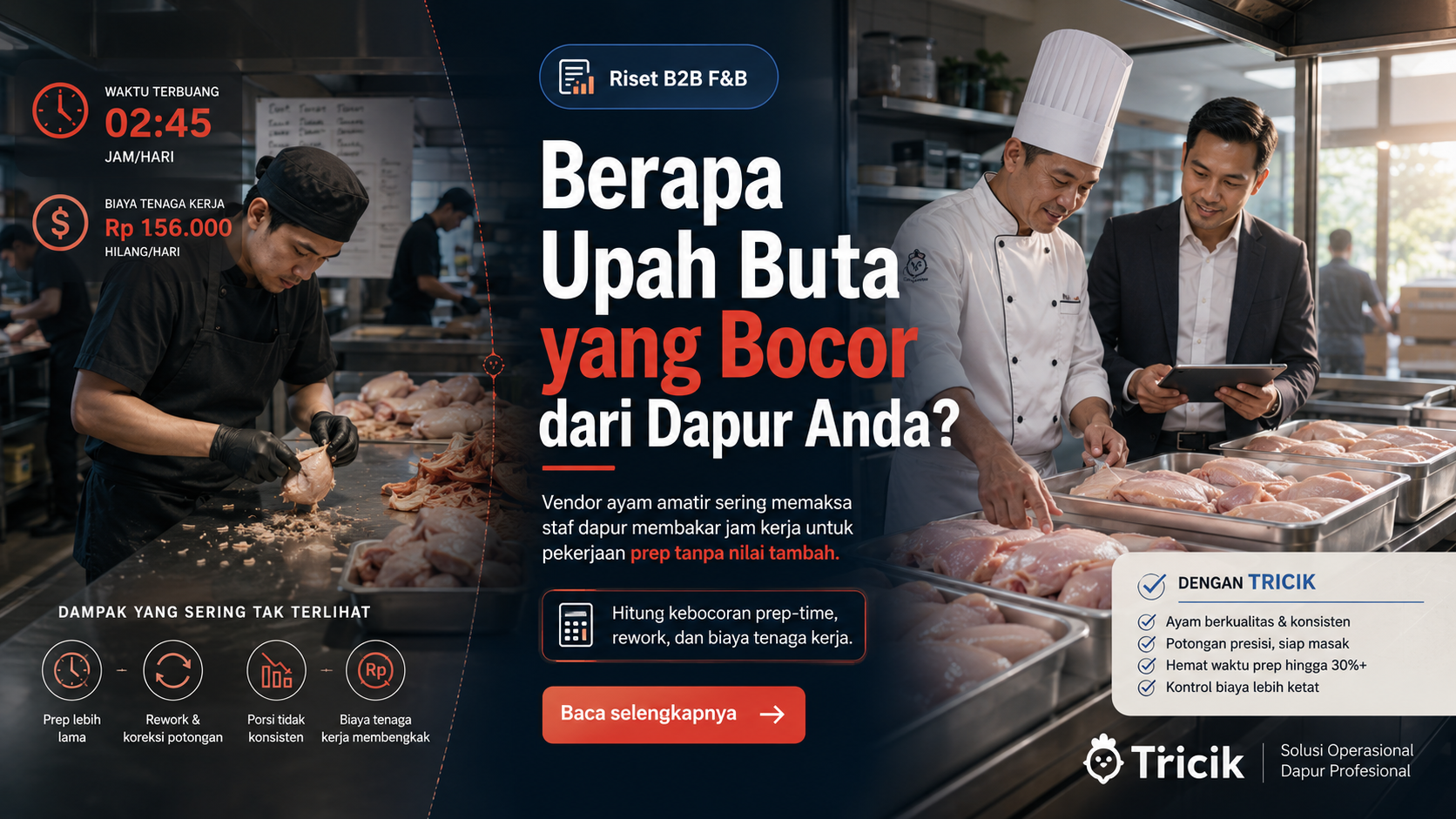 Executive chef memeriksa ayam potong segar bersama purchasing manager di dapur restoran profesional untuk mengurangi kebocoran prep-time dan biaya tenaga kerja.