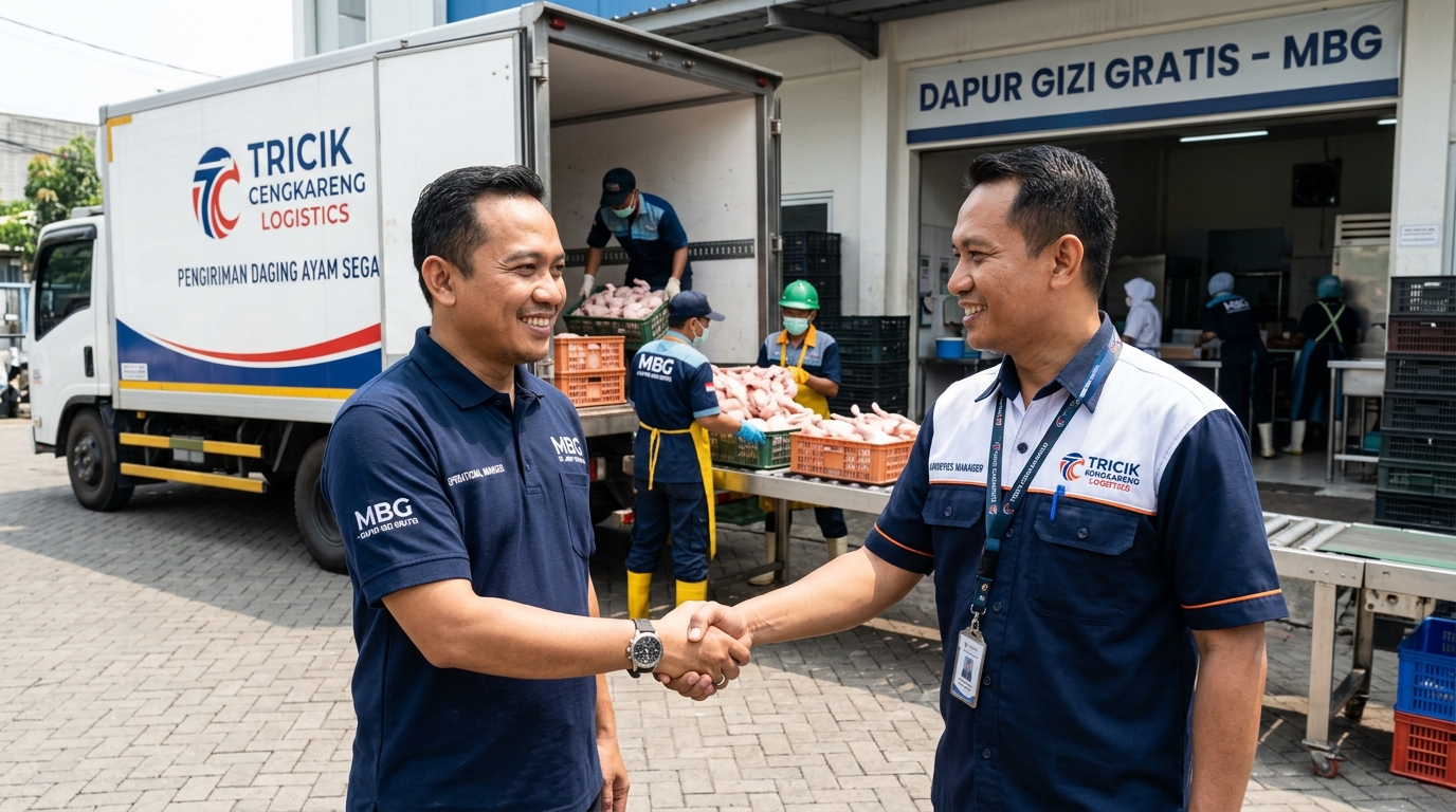 Jabat tangan kemitraan strategis B2B antara manajer Dapur MBG dan perwakilan Tricik Cengkareng untuk keberlanjutan program katering sosial