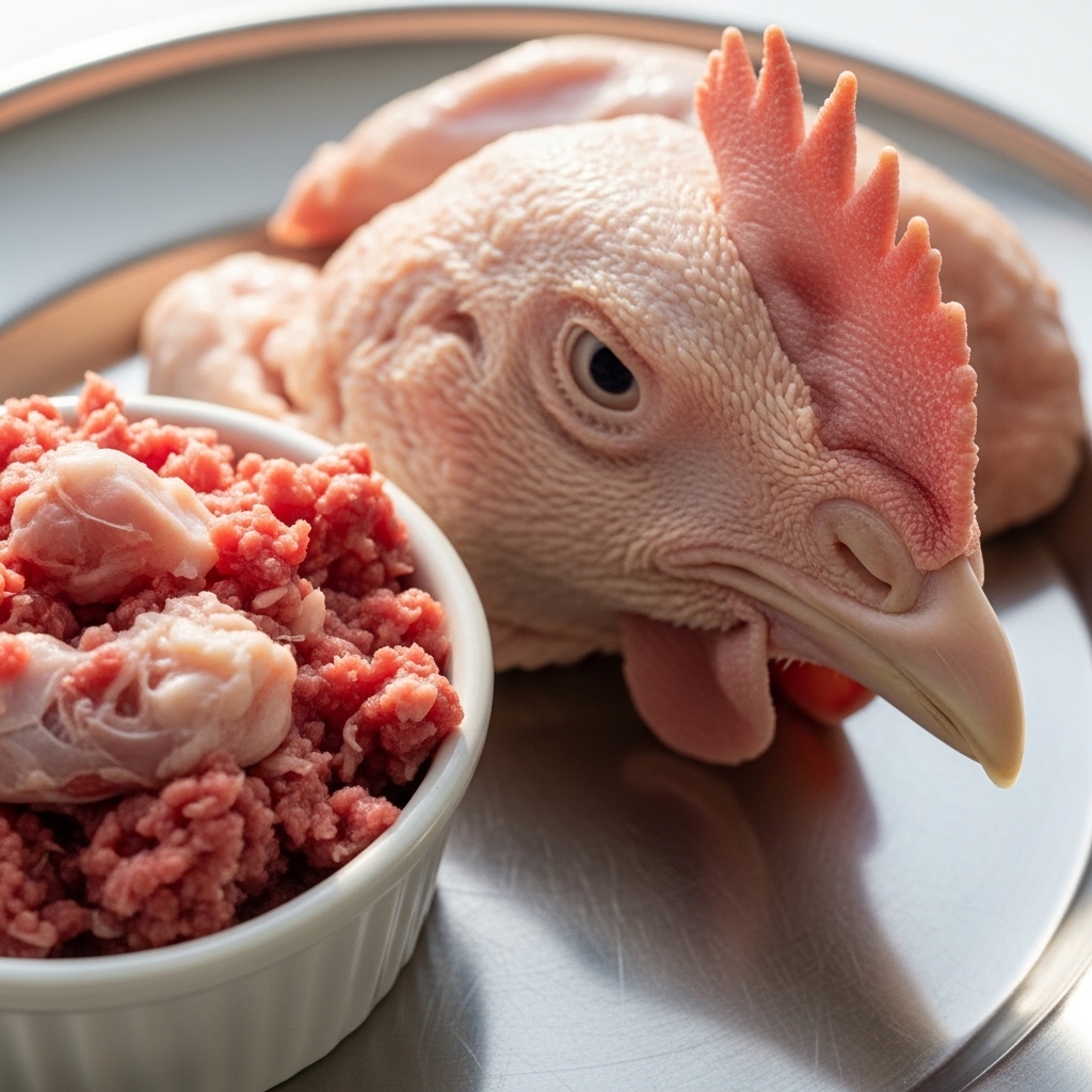 Kepala ayam segar Tricik Cengkareng sebagai bahan baku raw food sumber kalsium alami anjing dan kucing.