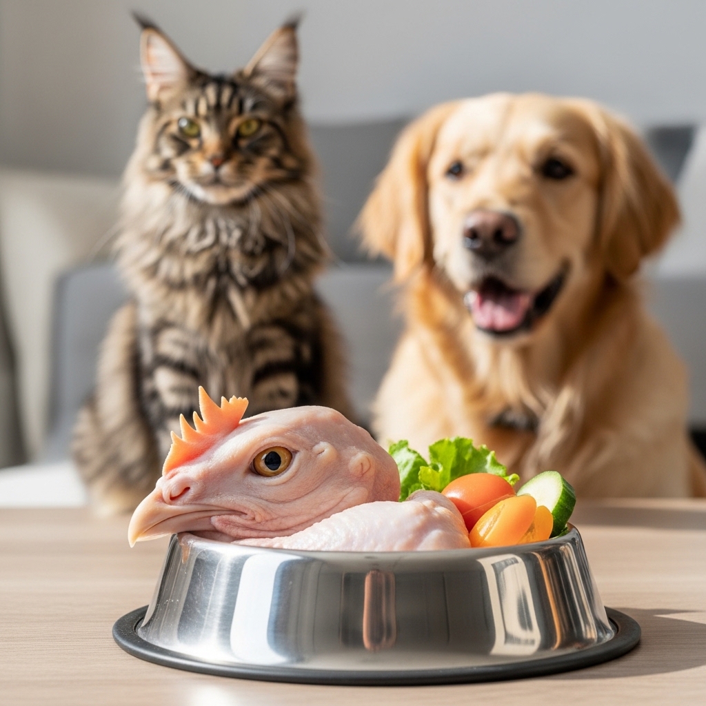 Kepala ayam mentah segar dari distributor Tricik Cengkareng sebagai bahan pakan raw food diet yang kaya kalsium untuk anjing dan kucing