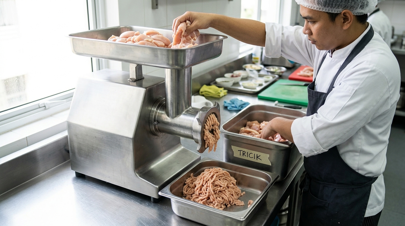 Pemeliharaan dan efisiensi mesin giling daging komersial meat mincer Dapur MBG menggunakan ayam segar kesat Tricik Cengkareng yang tidak merusak motor