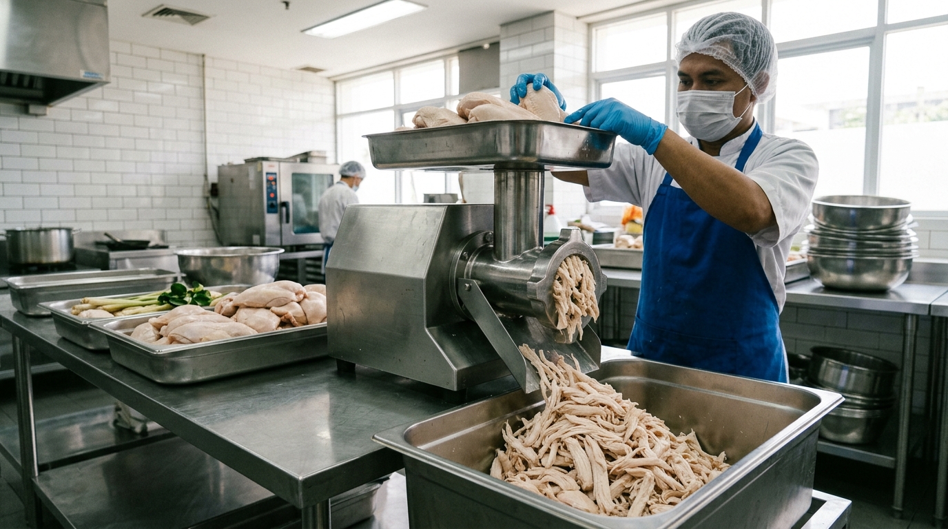 Efisiensi mesin suwir otomatis commercial meat shredder Dapur MBG yang menghasilkan serat daging utuh menggunakan dada ayam segar Tricik
