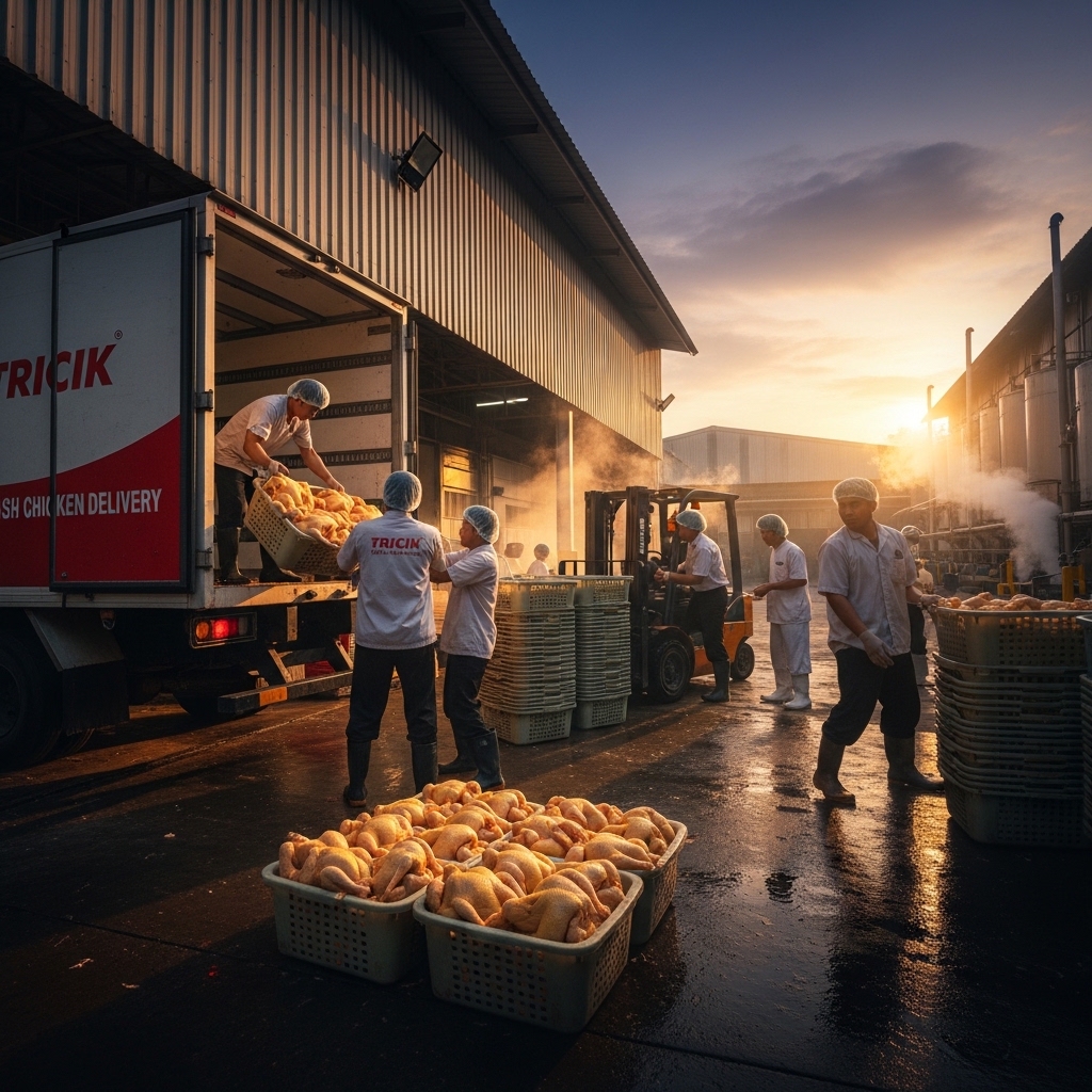 Operasional potong dini hari fasilitas Tricik Cengkareng yang mengutamakan distribusi ayam potong segar harian tanpa pembekuan untuk bisnis B2B