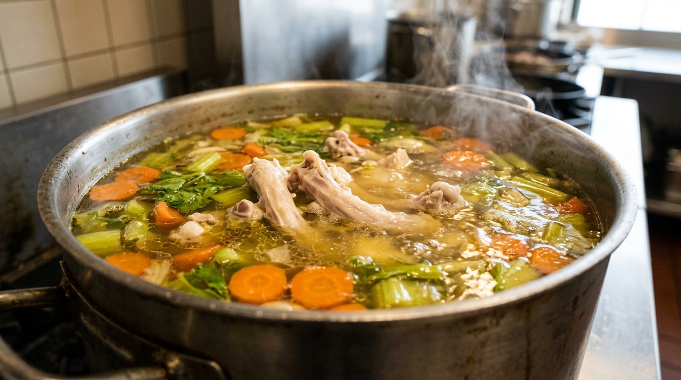 Ekstraksi kaldu murni bebas buih menggunakan tulang kerongkongan ayam segar Tricik Cengkareng untuk efisiensi HPP sop Dapur MBG