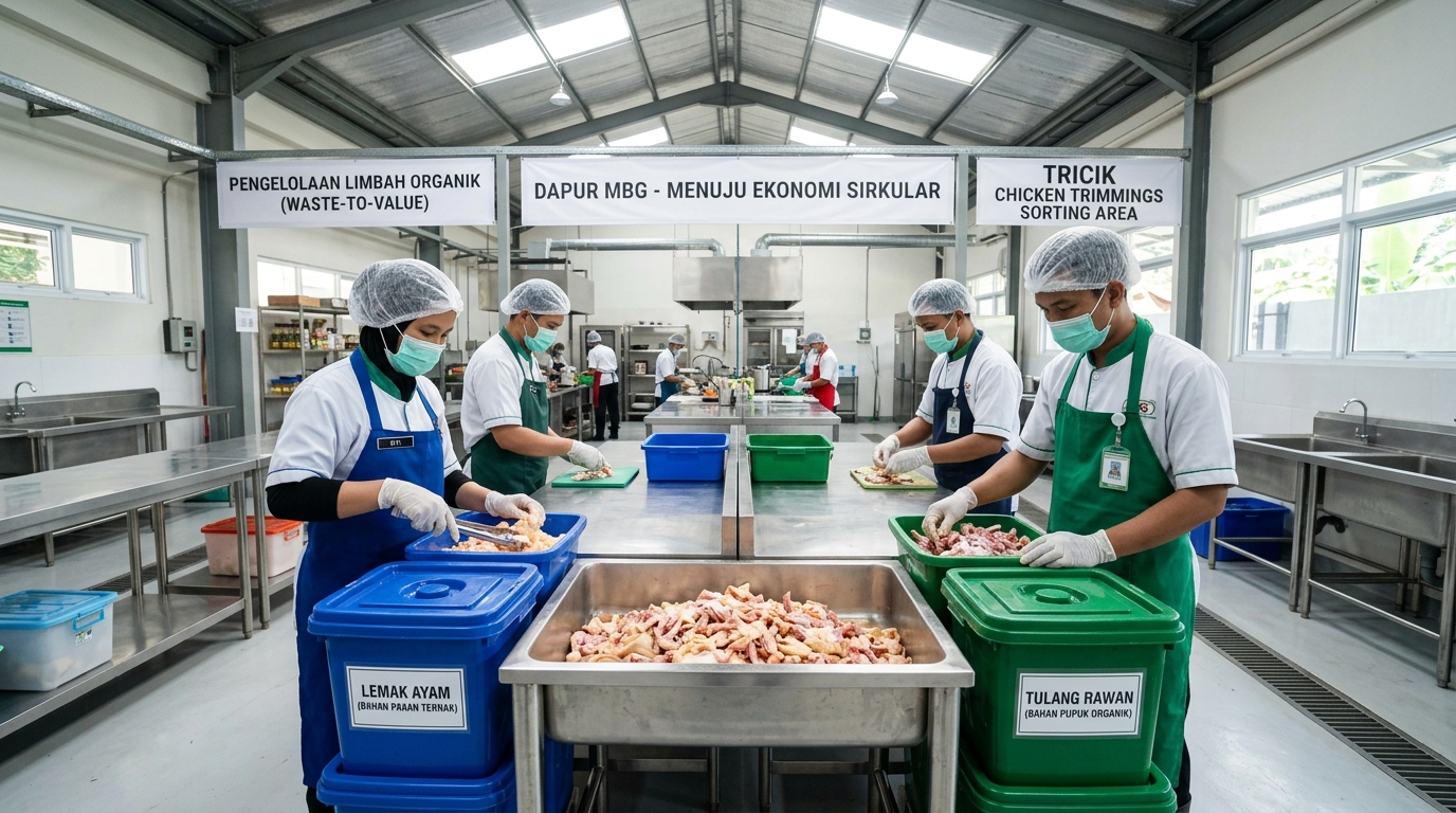 Implementasi sistem manajemen limbah organik waste-to-value di Dapur MBG dengan memanfaatkan sisa karkas segar dari pasokan B2B Tricik Cengkareng