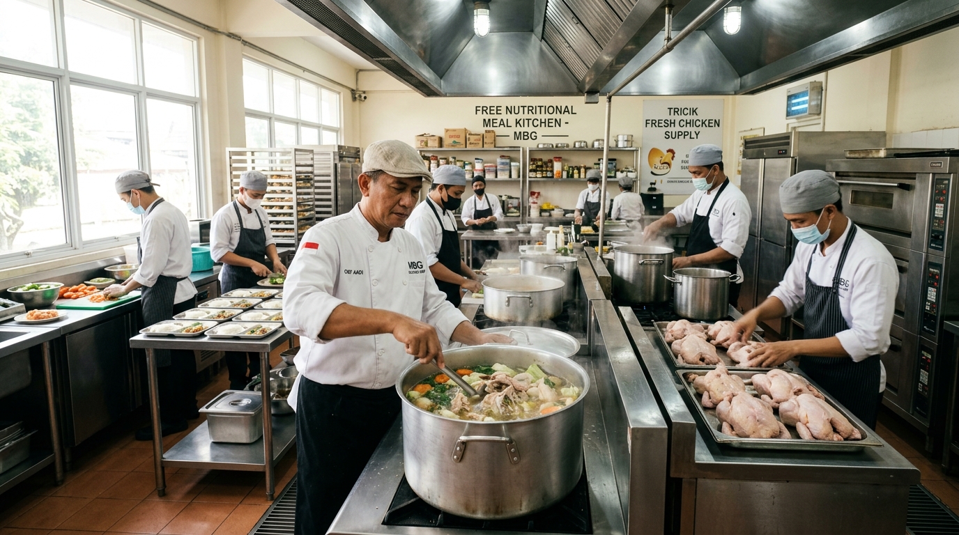 Pencegahan kepanikan dan stres kerja koki di jam sibuk pagi hari Dapur MBG dengan mengandalkan pasokan ayam segar siap olah dari Tricik