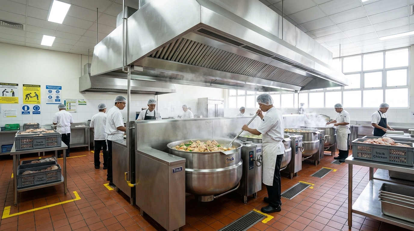 Efisiensi manajemen sirkulasi udara dan beban panas ventilasi Dapur MBG dengan mempercepat waktu pemasakan menggunakan karkas ayam segar Tricik