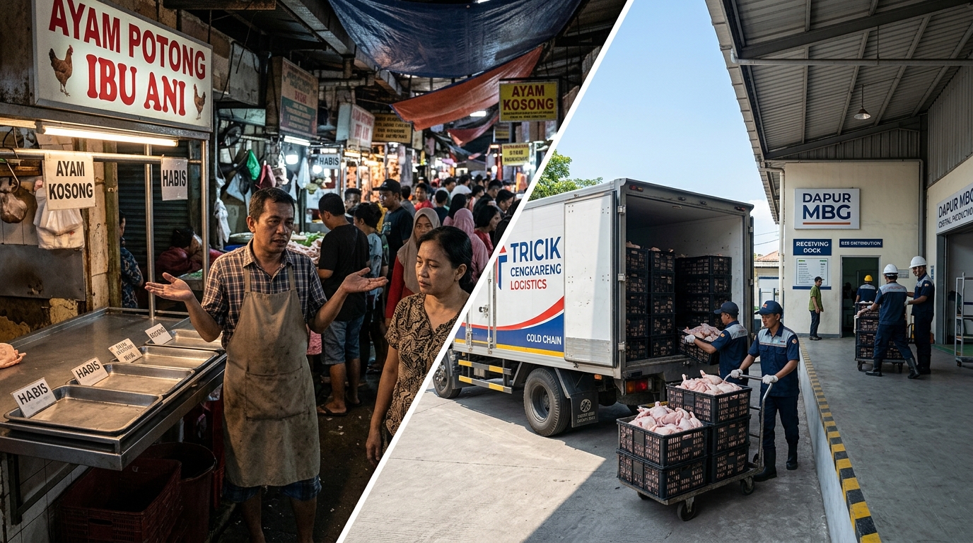 Mitigasi krisis Dapur MBG untuk mengamankan kuota pasokan ayam segar harian dari Tricik Cengkareng saat pasar tradisional mengalami kelangkaan bahan baku