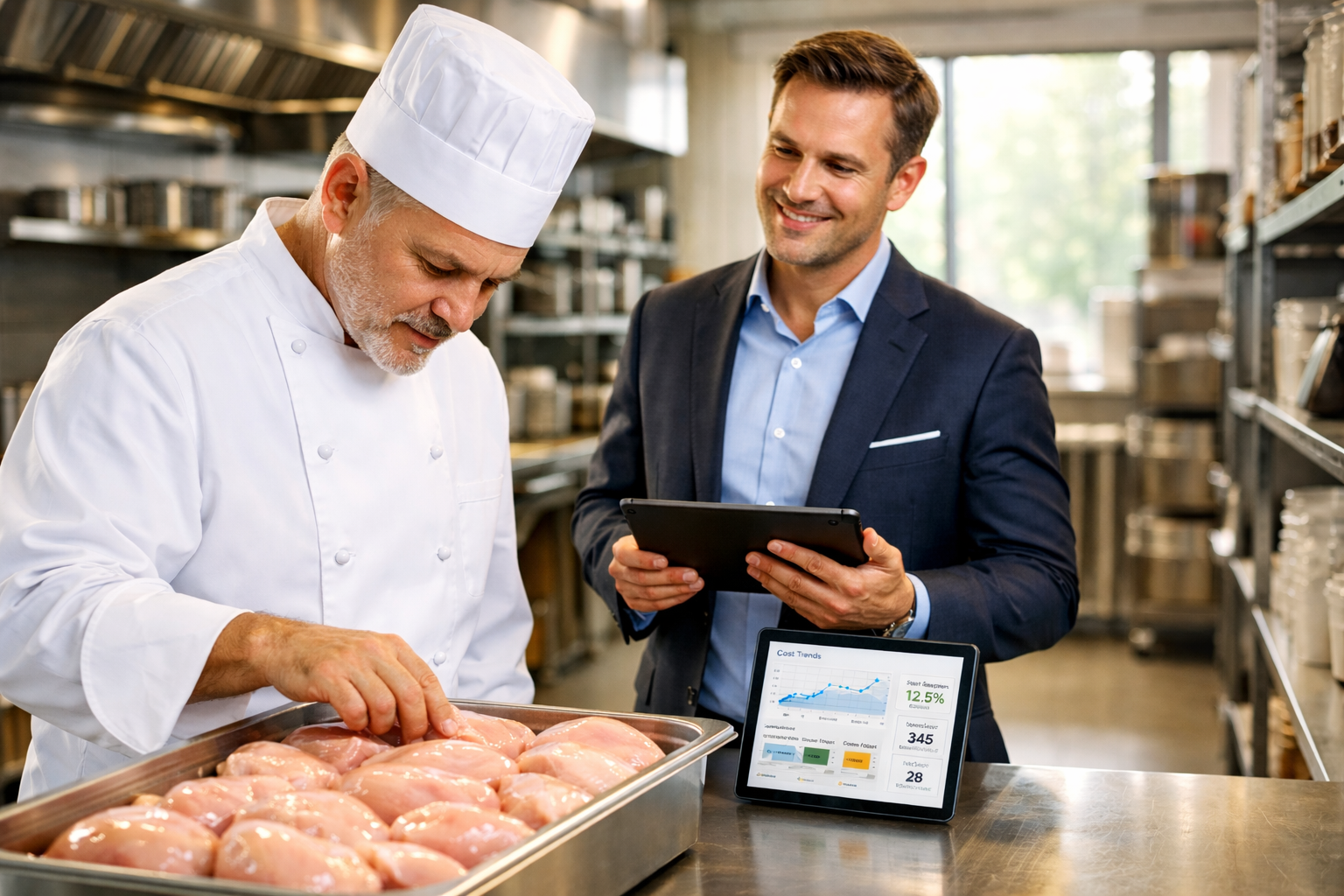 Koki eksekutif dan Manajer Pembelian F&B memeriksa kesegaran daging ayam fillet premium sambil memantau dasbor harga B2B secara langsung di dapur restoran modern.
