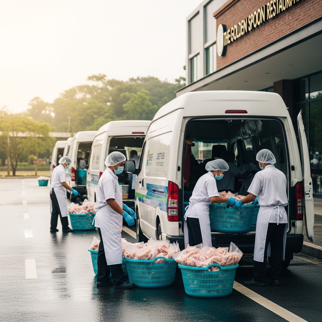 Armada logistik Tricik Cengkareng mengirimkan pasokan ayam potong segar tepat waktu ke restoran B2B di Jakarta Barat saat musim hujan