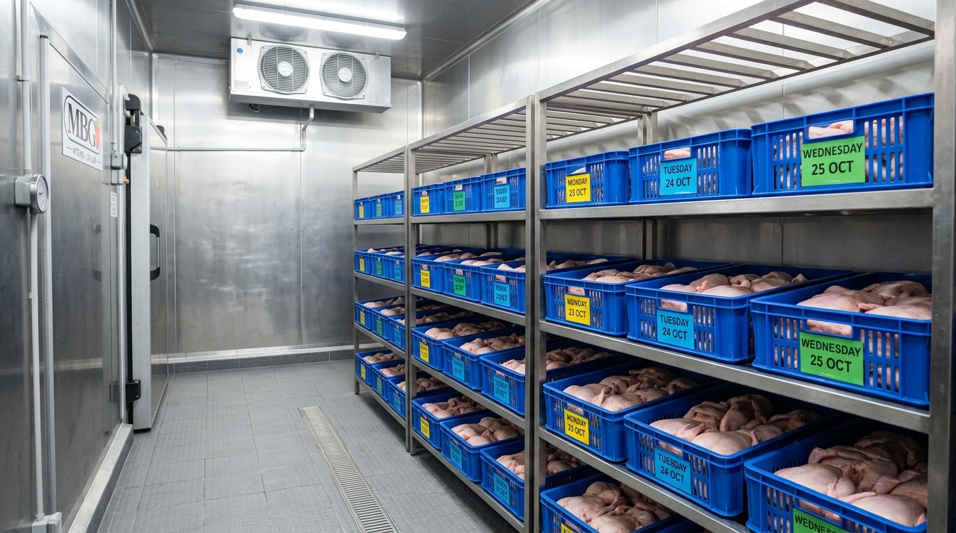 Implementasi efisiensi rotasi FIFO (First-In First-Out) di chiller Dapur MBG menggunakan sistem pasokan segar harian JIT dari Tricik Cengkareng