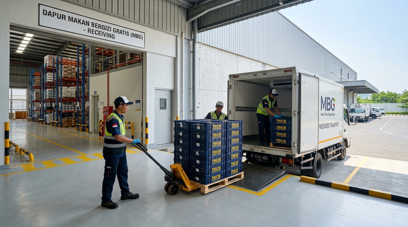 Efisiensi optimalisasi ruang transit kargo di loading dock pintu penerimaan Dapur MBG menggunakan sistem logistik JIT karkas segar dari Tricik