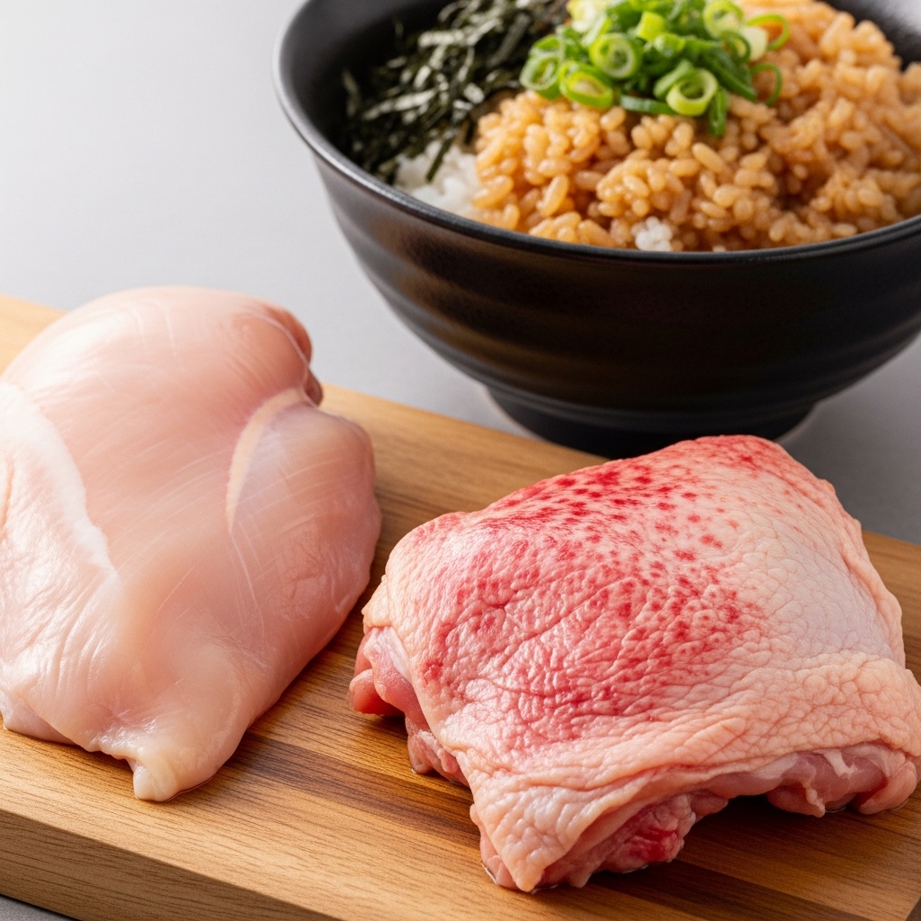Perbandingan tekstur daging boneless dada dan paha ayam segar dari supplier Tricik untuk bahan baku bisnis rice bowl.