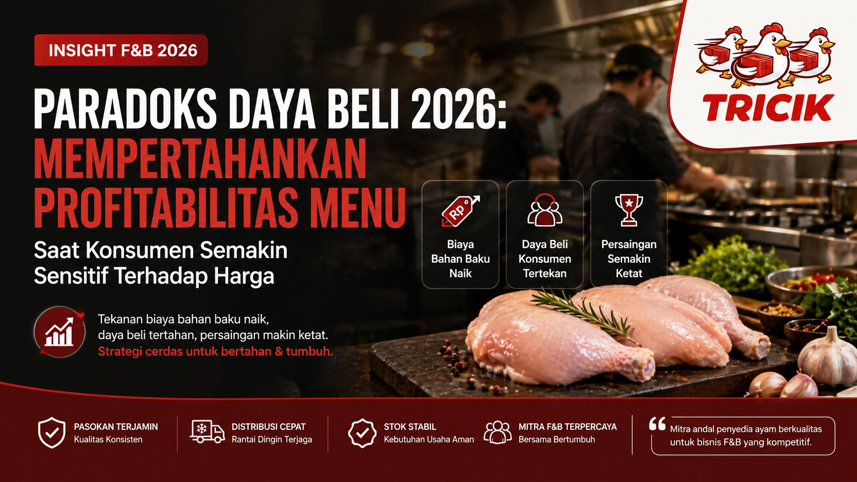 Executive chef dan Purchasing Manager F&B di dapur restoran komersial yang bersih sedang menginspeksi kualitas ayam segar harian dan memantau harga pasokan B2B secara real-time.