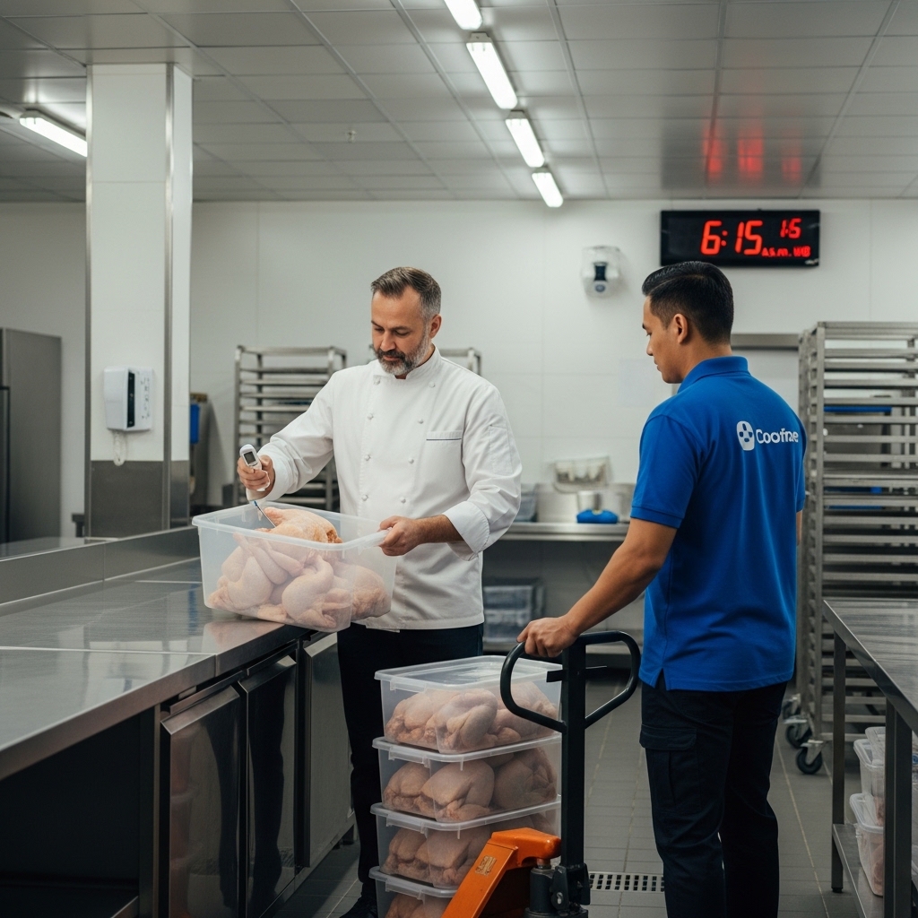 Pengiriman pasokan logistik ayam potong segar tepat waktu di pagi hari pukul 06:00 untuk menjaga efisiensi operasional dapur katering B2B dari Tricik Cengkareng