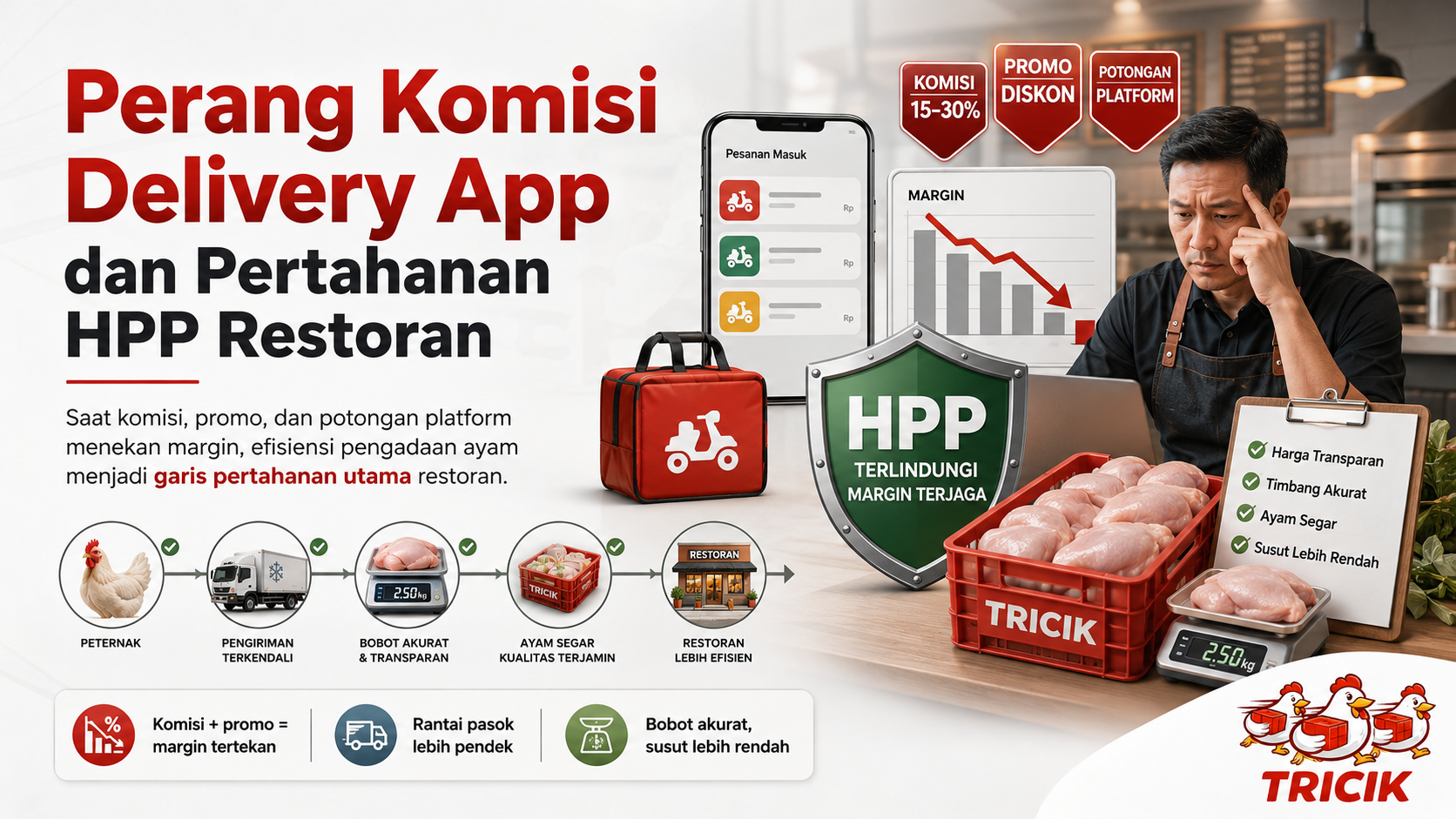 Executive chef memeriksa ayam segar fresh daily di dapur restoran modern untuk menjaga efisiensi HPP dan margin delivery app.
