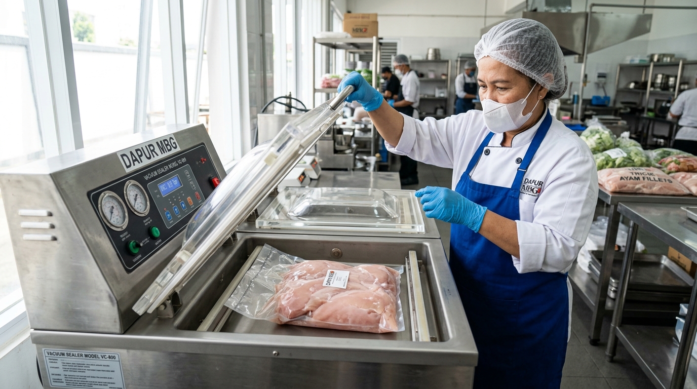 Pencegahan kerusakan pompa udara mesin vacuum sealer komersial Dapur MBG dengan menggunakan ayam segar bebas air es dari Tricik Cengkareng