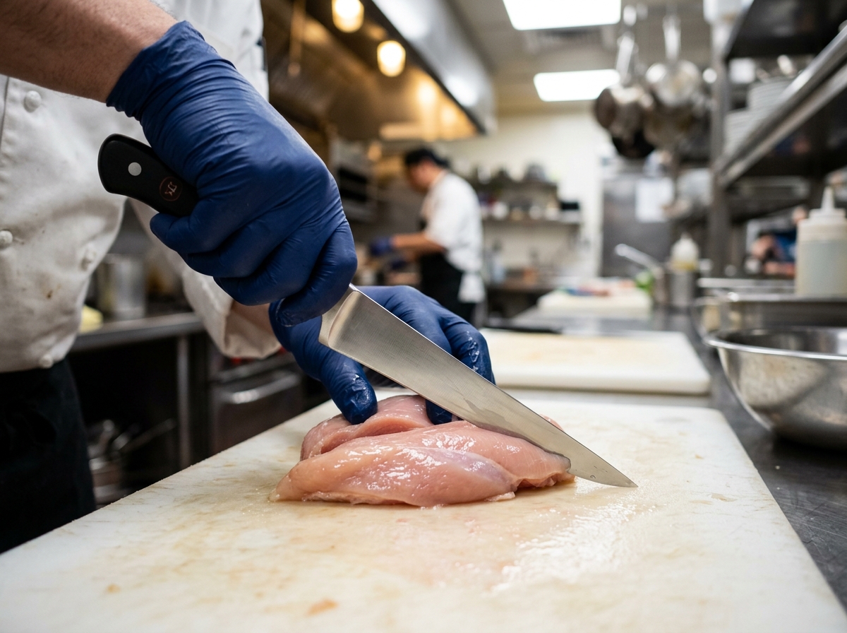 Pisau boning profesional memotong fillet ayam fresh daily dari supplier Tricik Cengkareng untuk efisiensi alat dapur restoran.