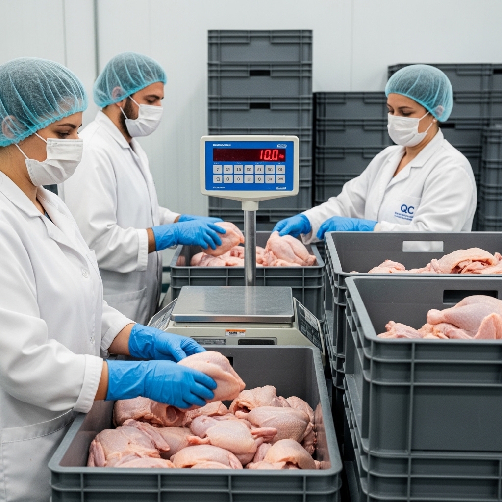 Tim logistik Tricik melakukan grading ukuran presisi pesanan PO H-1 supplier ayam karkas untuk restoran franchise.