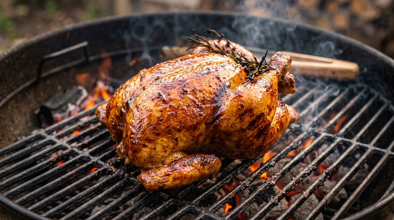 Kulit ayam bakar madu utuh yang mengkilap dan terkaramelisasi sempurna menggunakan karkas segar dari supplier Tricik Cengkareng