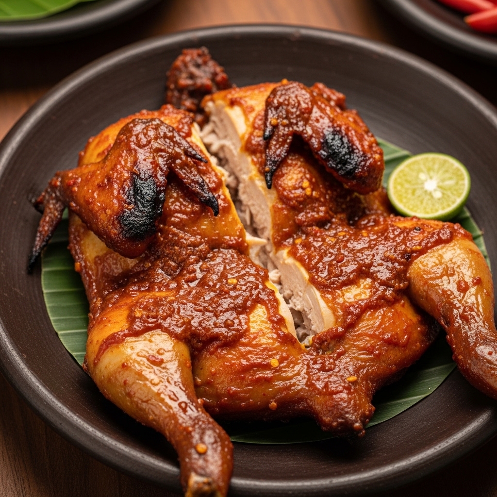Karkas ayam utuh ukuran 0.8kg segar dari distributor Tricik Cengkareng yang dipanggang sempurna menjadi hidangan Ayam Taliwang Lombok untuk restoran B2B
