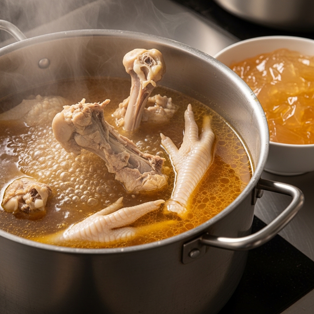 Perbedaan tekstur chicken stock dan bone broth kental jeli menggunakan tulang rongkong dan ceker ayam segar Tricik Cengkareng untuk restoran B2B