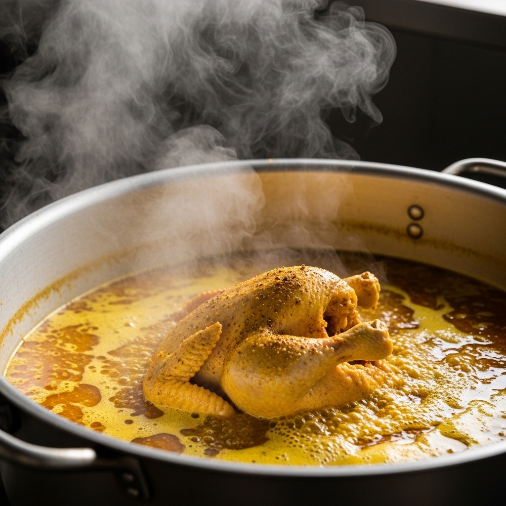 Proses rebus karkas ayam utuh segar pasokan Tricik Cengkareng untuk menghasilkan kaldu pekat pembuat adonan ayam kremes Solo B2B