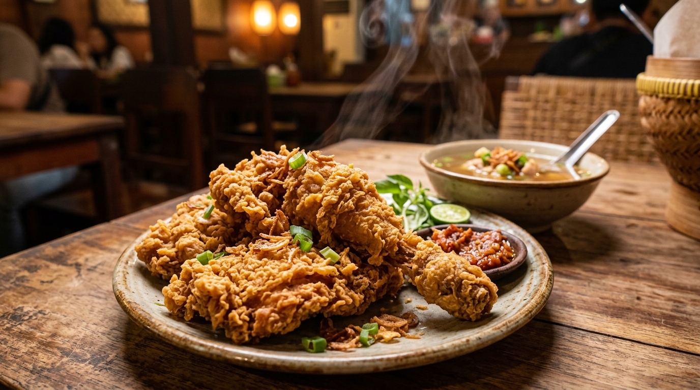 Ayam goreng kremesan bersarang renyah menggunakan kaldu murni dari karkas ayam segar Tricik Cengkareng yang terbukti bebas amis