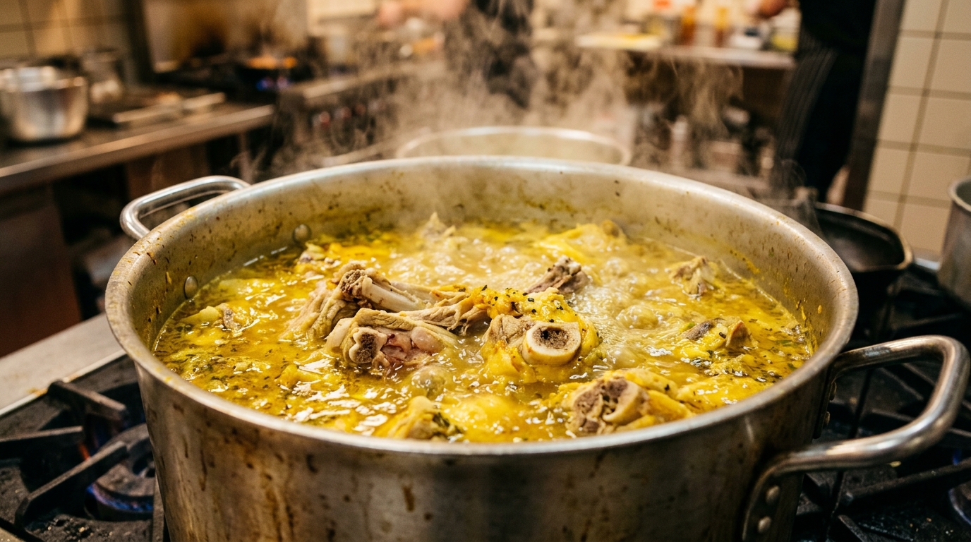 Ekstraksi kaldu kuah kuning bubur ayam menggunakan tulang rongkong segar dari supplier B2B Tricik Cengkareng