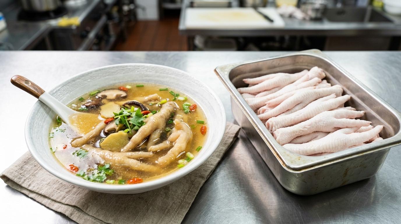 Rahasia kuah kaldu soto bening menggunakan ceker ayam potong segar bebas thaw loss dari supplier Tricik Cengkareng