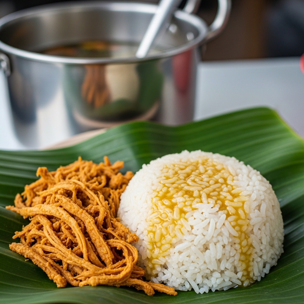 Nasi ayam Semarang kaki lima dengan lauk suwiran dan kuah opor gurih menggunakan karkas ayam potong segar Tricik.