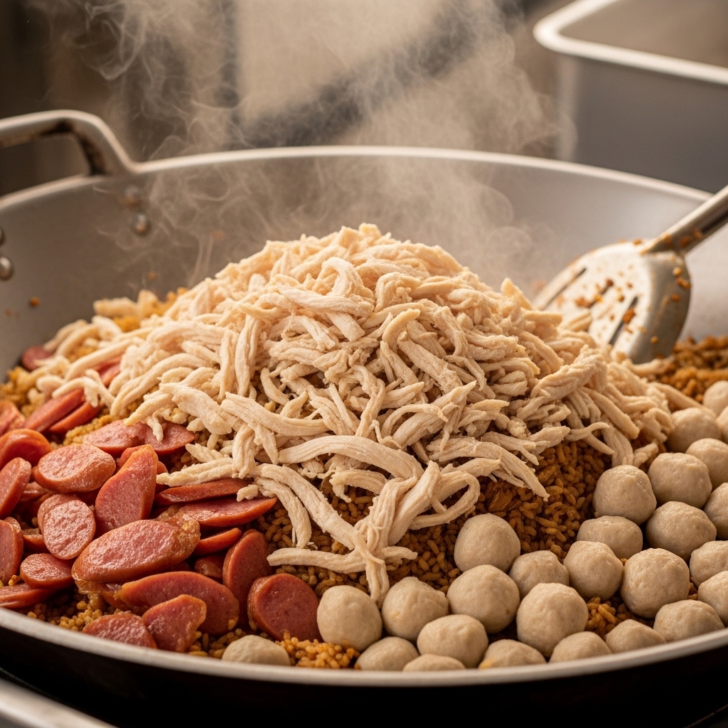 Suwiran ayam segar fresh daily bebas bau amis untuk topping nasi goreng gila gerobakan dari pasokan Tricik Cengkareng Jakarta Barat