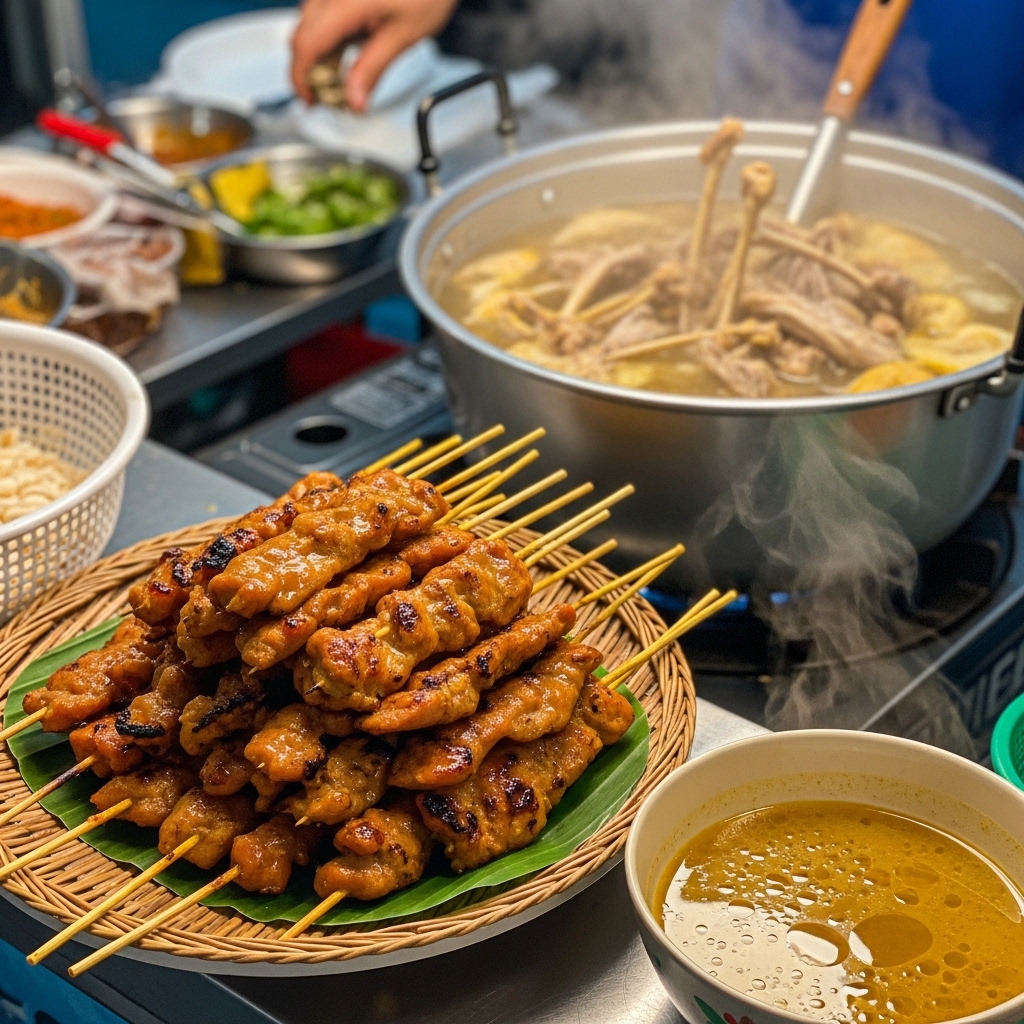 Sate ayam Blora dan kuah kaldu kuning gurih menggunakan karkas ayam potong segar Tricik untuk bisnis kaki lima.