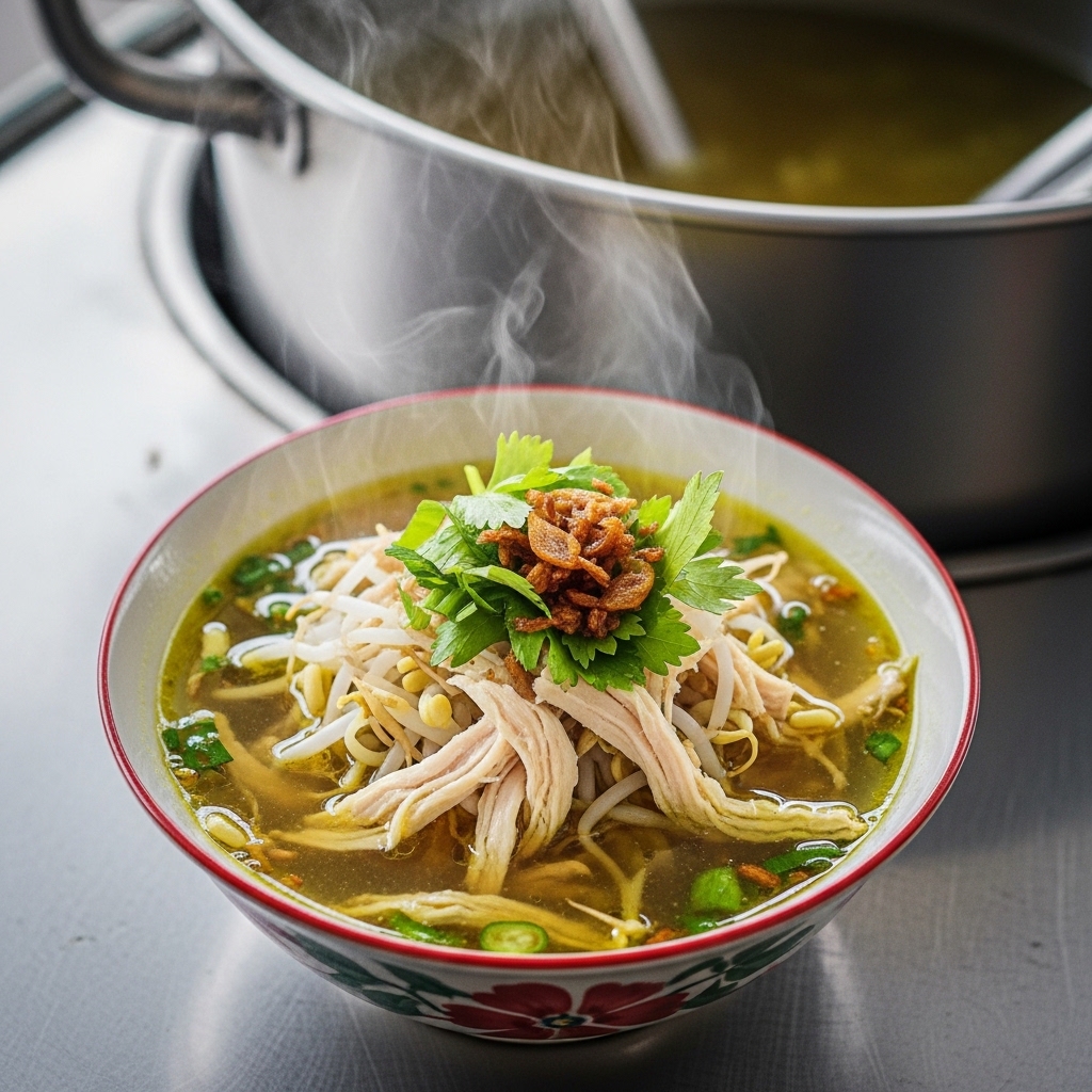 Kuah kaldu bening manis alami Soto Kudus mangkok kecil menggunakan rebusan karkas ayam potong segar Tricik.
