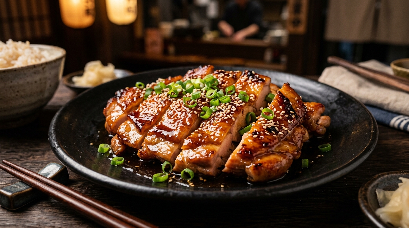 Potongan boneless paha ayam skin on segar Tricik Cengkareng untuk hidangan chicken teriyaki mengkilap khas restoran Jepang