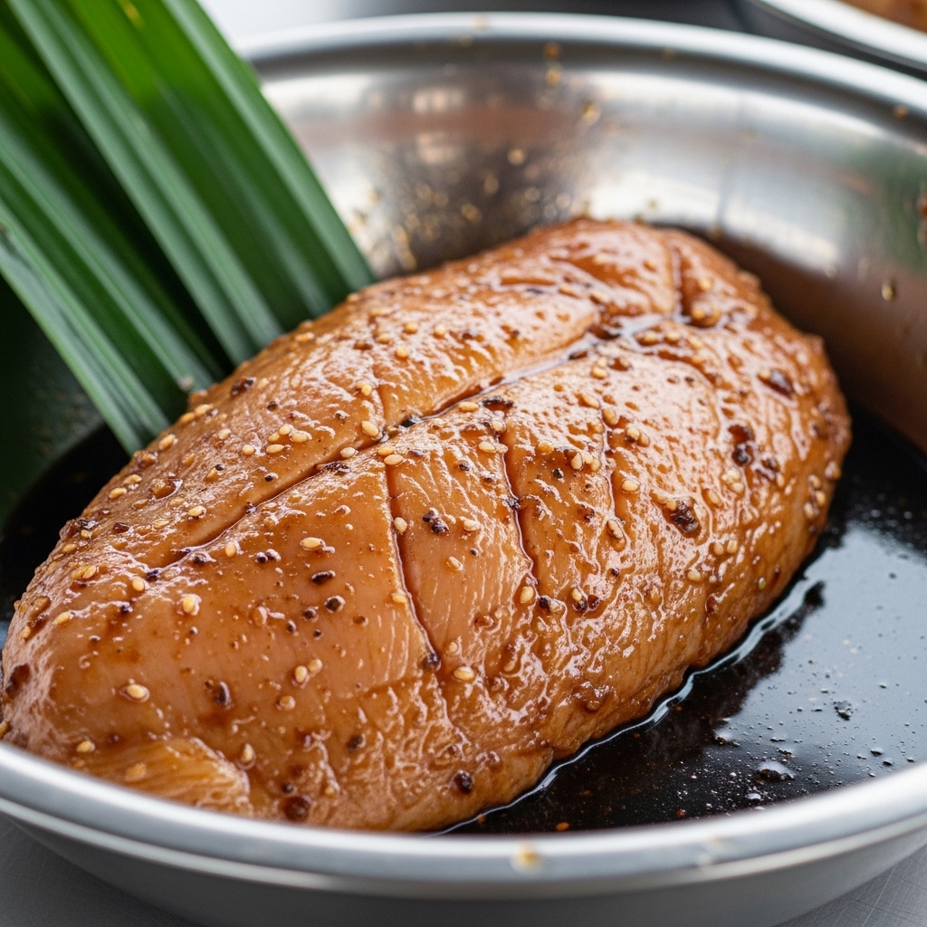 Dada ayam potong segar Tricik menyerap bumbu marinasi pekat untuk jajanan ayam pandan kaki lima.