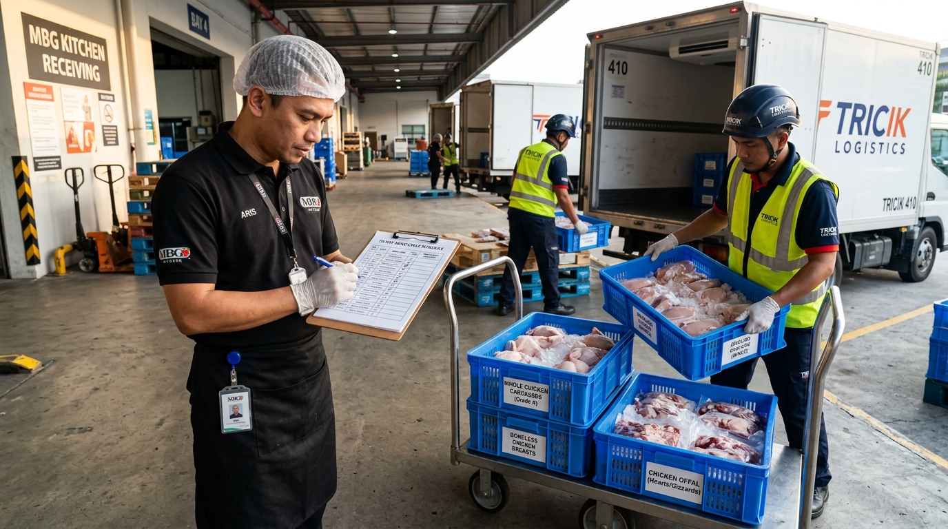 Manajemen logistik rotasi menu ayam MBG siklus 10 hari menggunakan pasokan ayam potong segar berbagai jenis dari Tricik Cengkareng