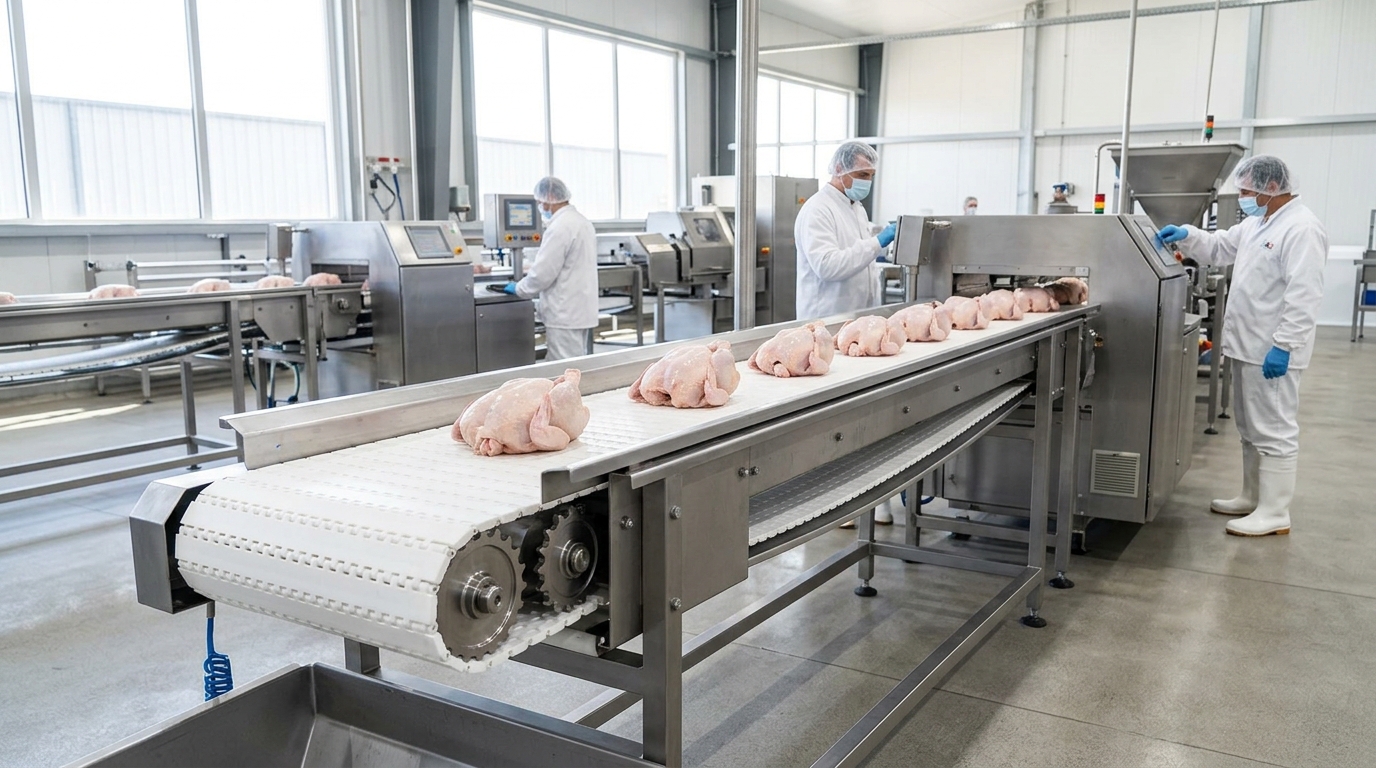Efisiensi proses sanitasi pembersihan sabuk konveyor produksi massal Dapur MBG menggunakan karkas ayam segar kesat Tricik Cengkareng