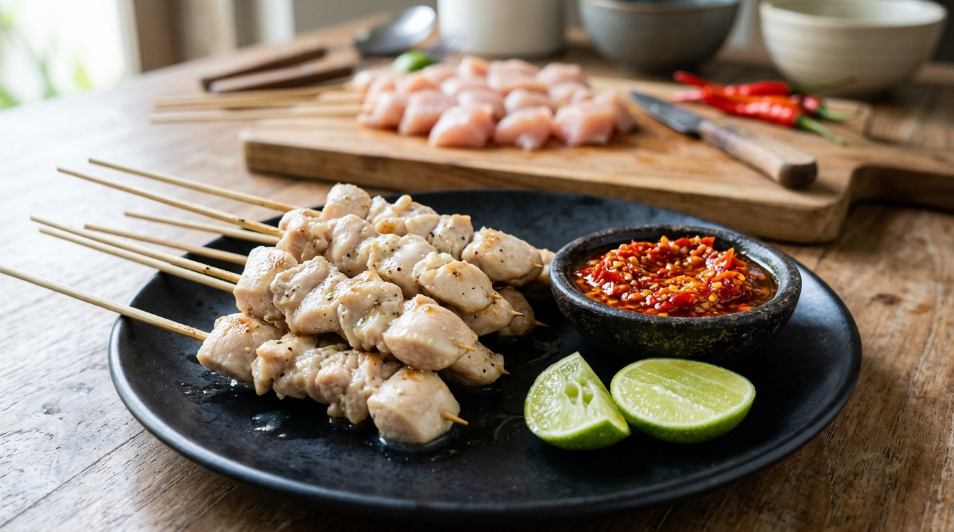 Sajian sate taichan putih bersih menggunakan bahan baku daging ayam segar dari supplier B2B Tricik Cengkareng