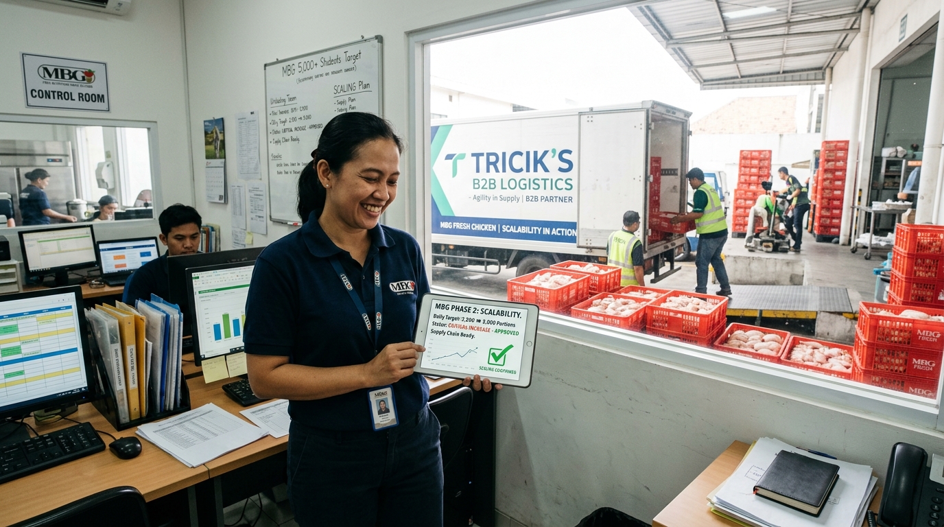 Sistem manajemen skalabilitas operasional Dapur MBG dalam menangani lonjakan porsi dadakan melalui dukungan logistik PO H-1 dari Tricik Cengkareng
