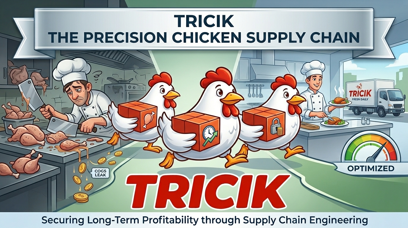 Executive Chef dan Purchasing Manager restoran sedang menginspeksi pasokan karkas ayam potong segar berkualitas premium di dapur komersial pada pagi hari.